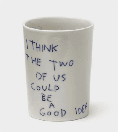 White ceramic mug with the handwritten quote "I think the two of us could be a good idea"